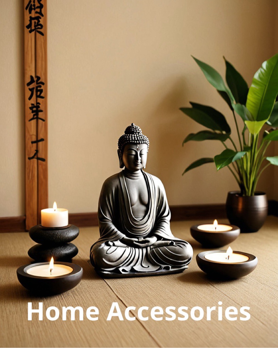 Home accessories banner: meditating Buddha statue with lit candles and green plant, spiritual calm