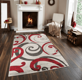 3'8" x 5'6" Red Swirls Hand-Carved Soft Contemporary Rug