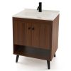 Modern Mid-Century Walnut Wood Bathroom Vanity with Sink Faucet and Pop-up Drain