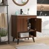 Modern Mid-Century Walnut Wood Bathroom Vanity with Sink Faucet and Pop-up Drain