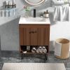 Modern Mid-Century Walnut Wood Bathroom Vanity with Sink Faucet and Pop-up Drain