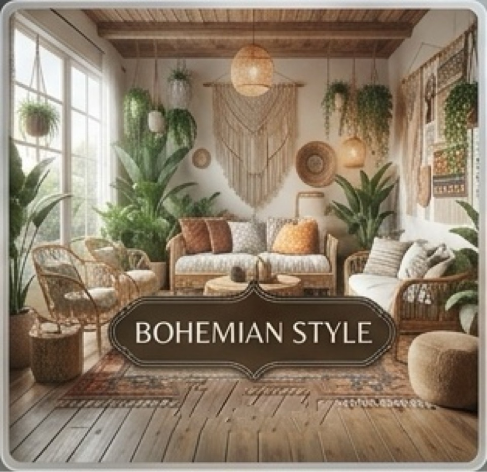 Bohemian style living room with rattan furniture, plants and macrame wall hanging