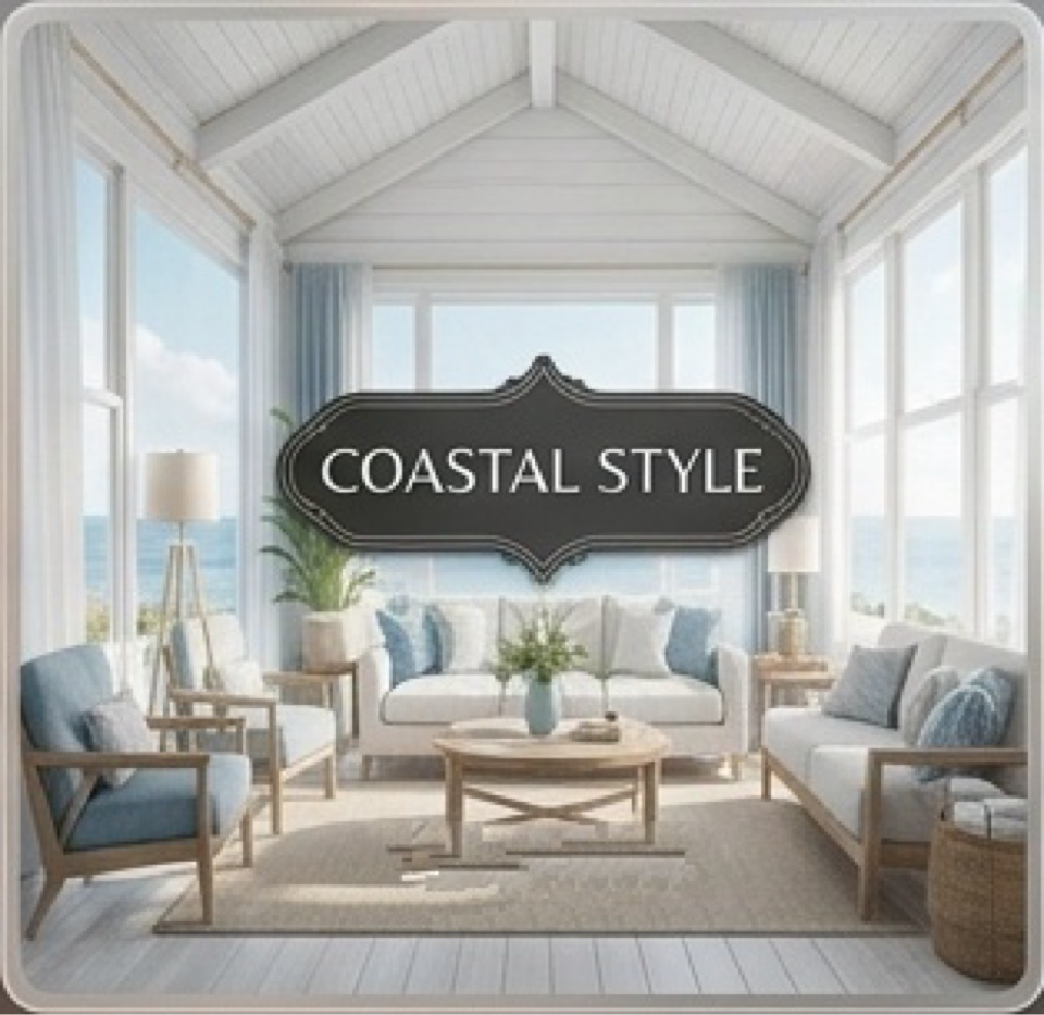 Coastal style living room with ocean view, blue accents and breezy whites