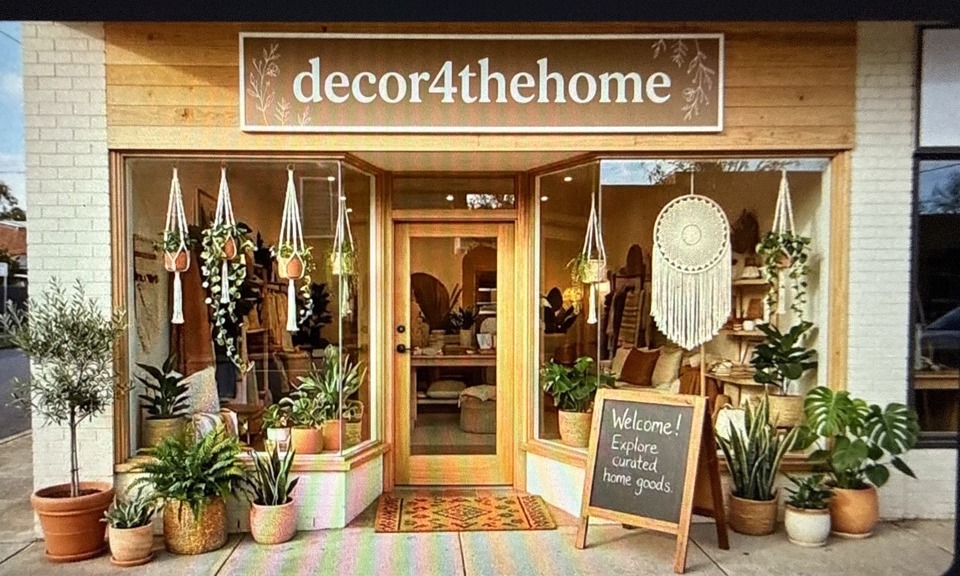decor4thehome storefront with plants, macrame hangings and welcome sign