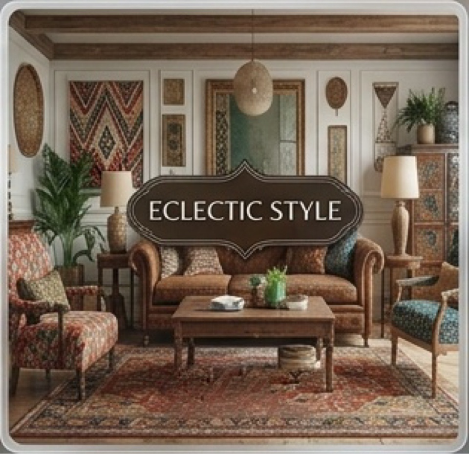 Eclectic style living room with mixed patterns, vintage furniture and layered decor