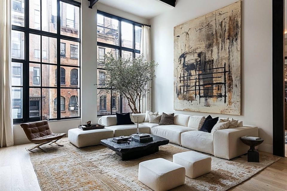 Bright loft living room with white sectional and large abstract painting