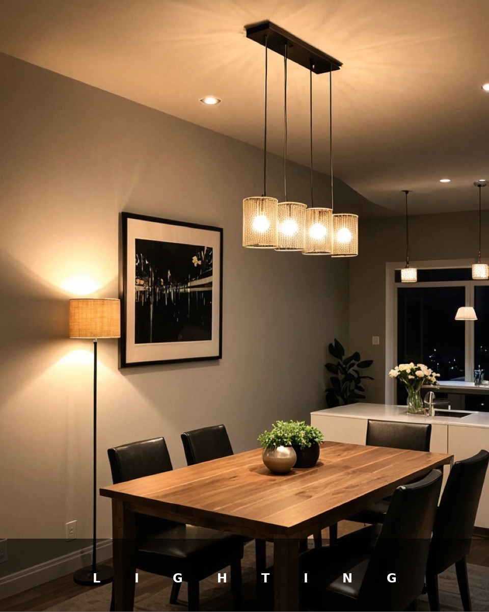 Lighting banner: dining room with woven rattan pendant lights and floor lamp