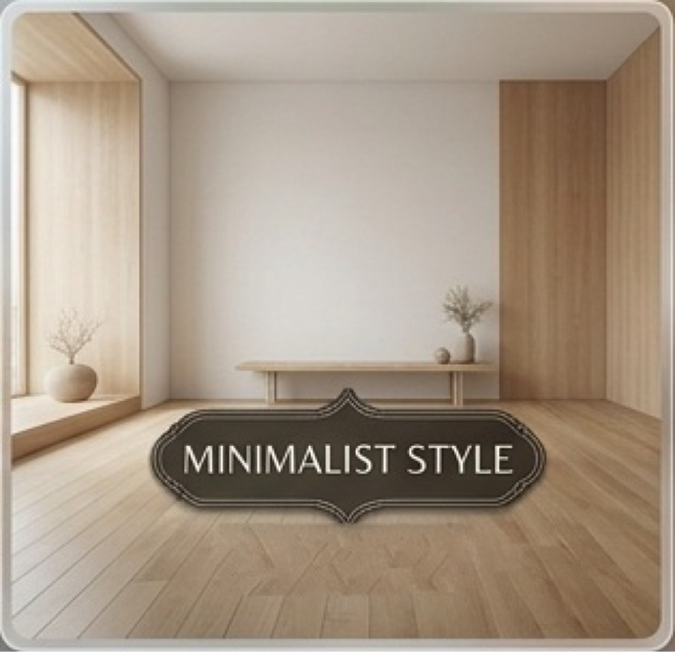 Minimalist style interior with light wood, white walls and simple bench