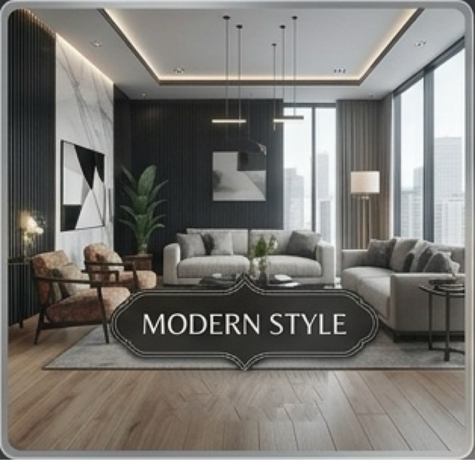 Modern style living room with clean lines, dark accent wall and neutral tones