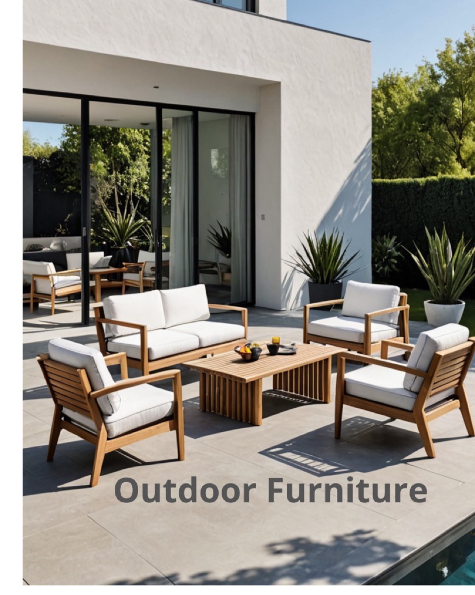 Outdoor furniture banner: patio seating with cushions and greenery