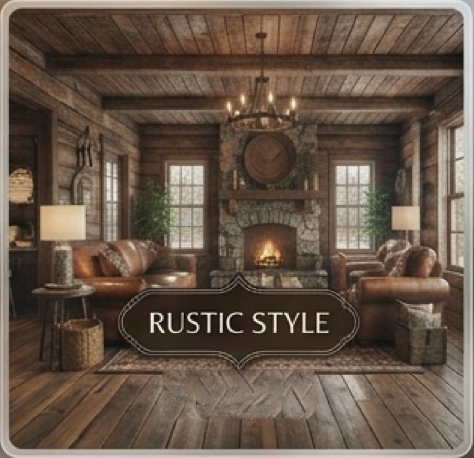 Rustic style living room with stone fireplace, leather sofas and wood beams