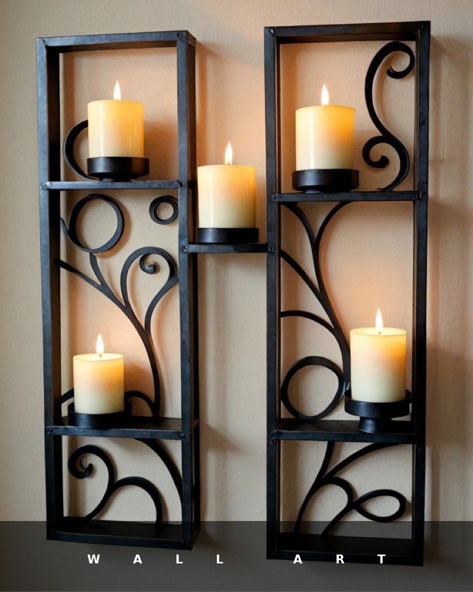 Wall art banner: wrought iron wall candle sconces with lit pillar candles