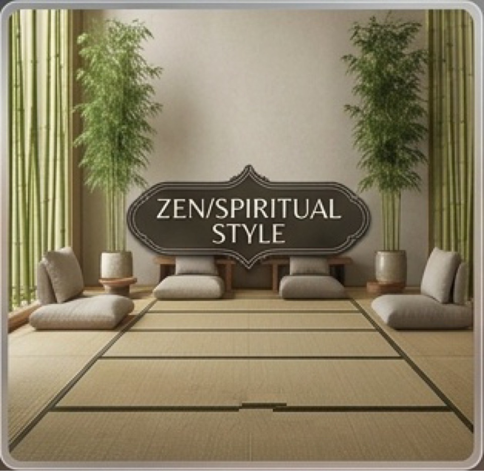Zen spiritual style meditation room with bamboo, floor cushions and tatami mats