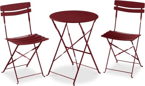 3-Piece Bistro Set, Space Saving Folding Design, Solid Steel, Outdoor Patio Furniture Set w/ 2 Chairs, Bistro Table (Color: Burgundy)