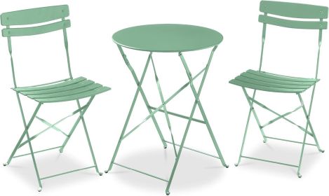 3-Piece Bistro Set, Space Saving Folding Design, Solid Steel, Outdoor Patio Furniture Set w/ 2 Chairs, Bistro Table (Color: Sage)