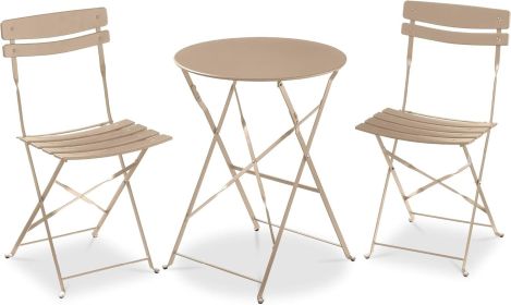 3-Piece Bistro Set, Space Saving Folding Design, Solid Steel, Outdoor Patio Furniture Set w/ 2 Chairs, Bistro Table (Color: Sand)