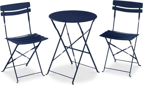 3-Piece Bistro Set, Space Saving Folding Design, Solid Steel, Outdoor Patio Furniture Set w/ 2 Chairs, Bistro Table (Color: Navy)