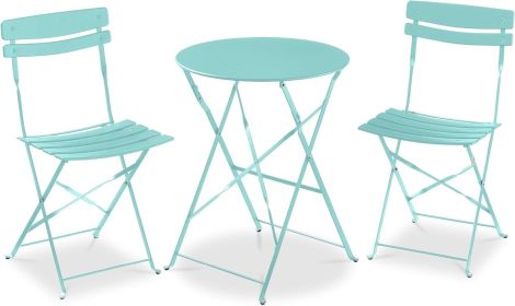 3-Piece Bistro Set, Space Saving Folding Design, Solid Steel, Outdoor Patio Furniture Set w/ 2 Chairs, Bistro Table (Color: Aqua Blue)