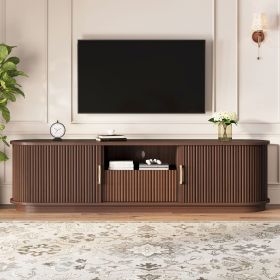 Vintage Rustic TV Stand with Sliding Wood Slatted Doors for TVs up to 75", Farmhouse Fluted TV Cabinet with Drawer (Color: Walnut)
