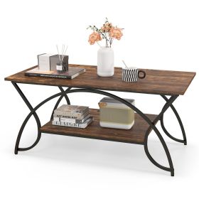2-Tier Faux Marble Coffee Table with Marble Top and Metal Frame (Color: Rustic Brown)