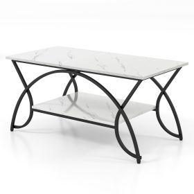 2-Tier Faux Marble Coffee Table with Marble Top and Metal Frame (Color: White & Blac)